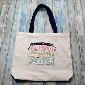 Inspirational Cream Tote Bag with Navy Handles